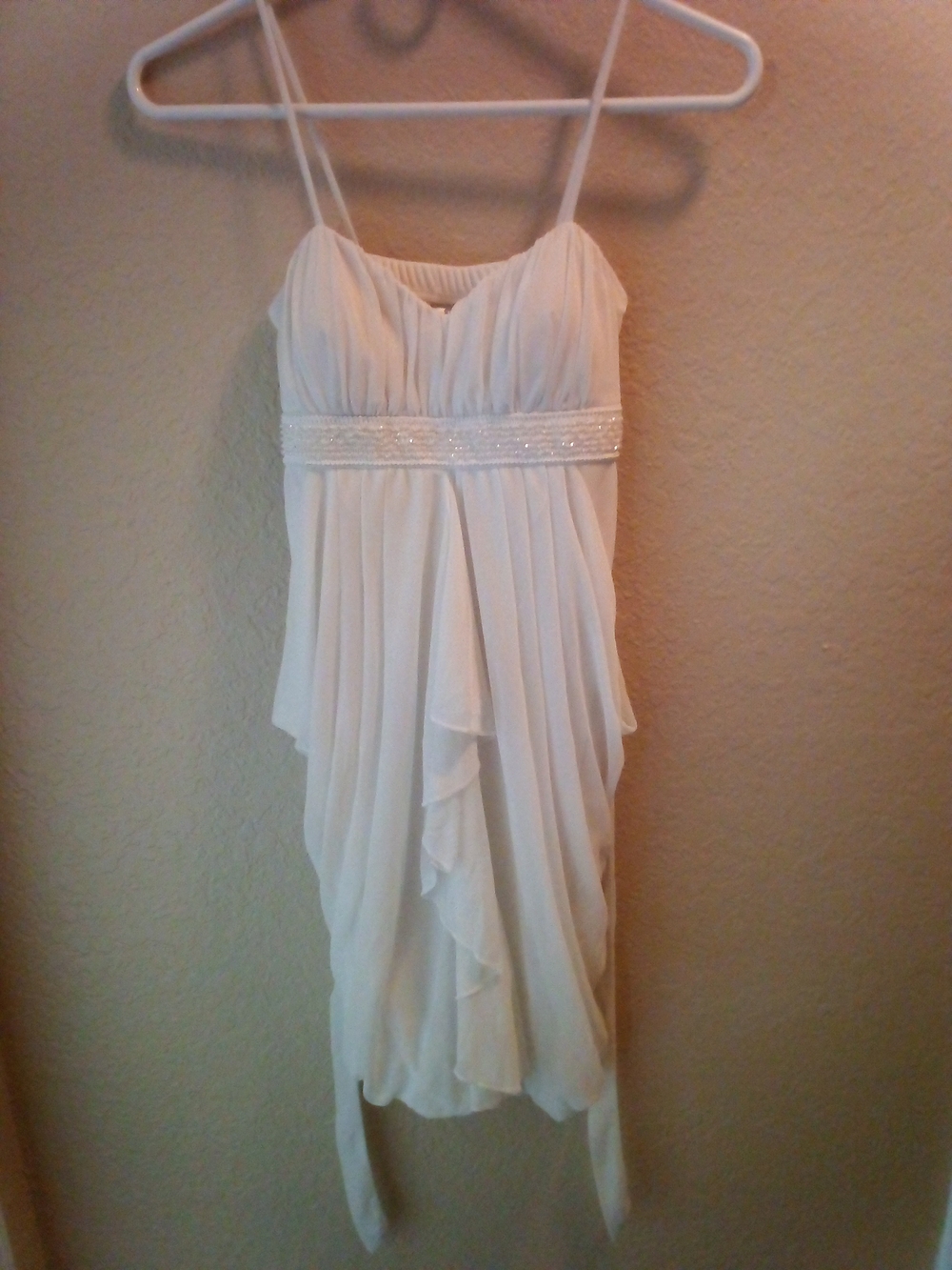 Sweet Storm White Spaghetti-Strap Chiffon Dress with Beaded Waist